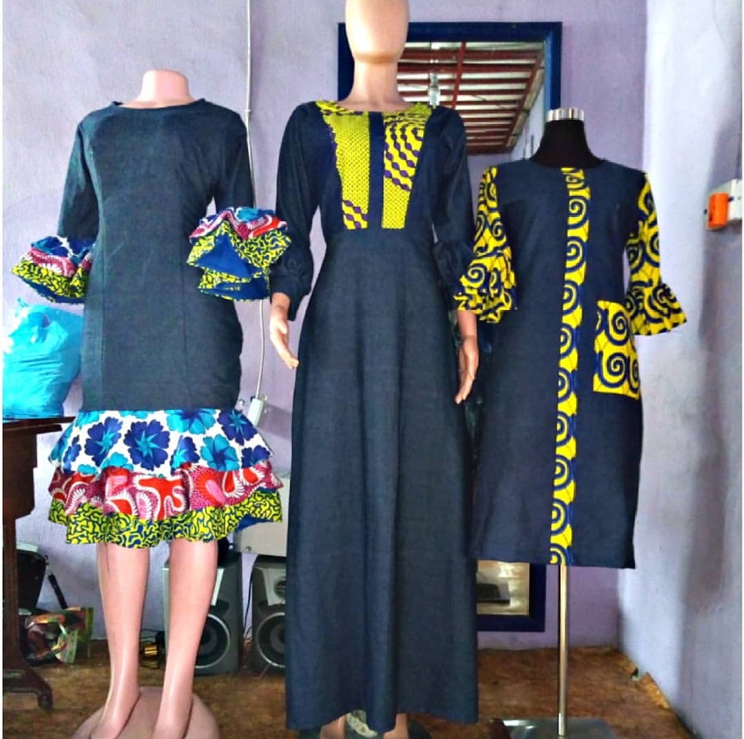 latest jean gown with ankara patches